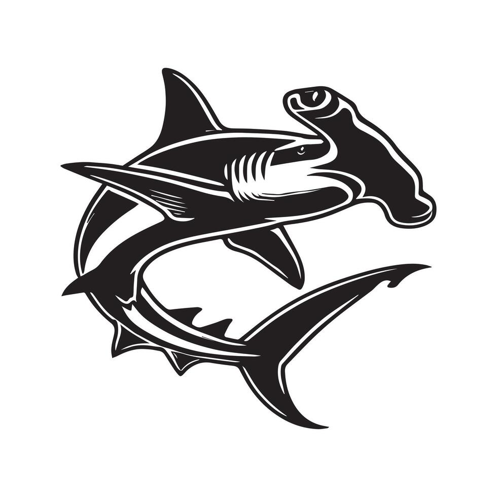 Hammerhead Shark Clipart, Hammerhead Shark Fish Outline, Shark silhouette, Shark Fish illustration black and white vector