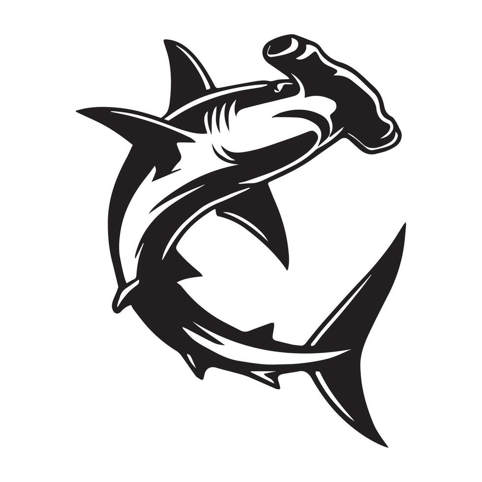 Hammerhead Shark Clipart, Hammerhead Shark Fish Outline, Shark silhouette, Shark Fish illustration black and white vector