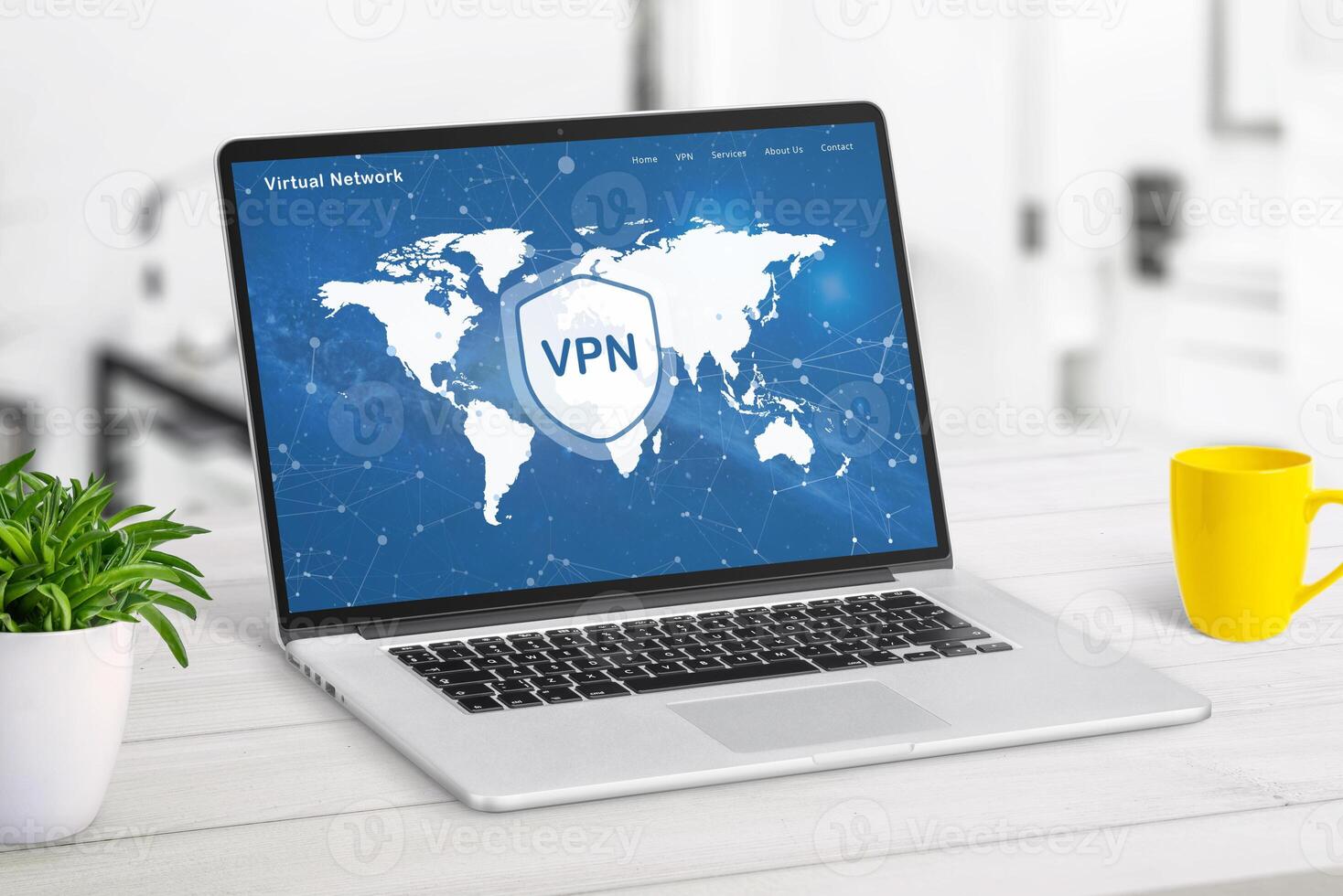 VPN web page service on laptop display displaying a world map with VPN locations. Highlights global network access, online security, and privacy protection photo