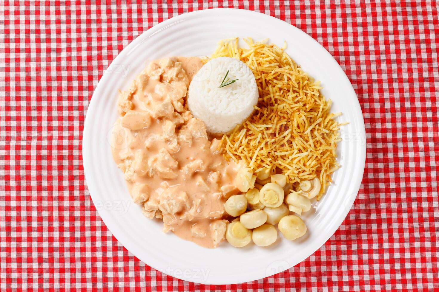 Homemade chicken stroganoff in ceramic plate on red checkered tablecloth photo