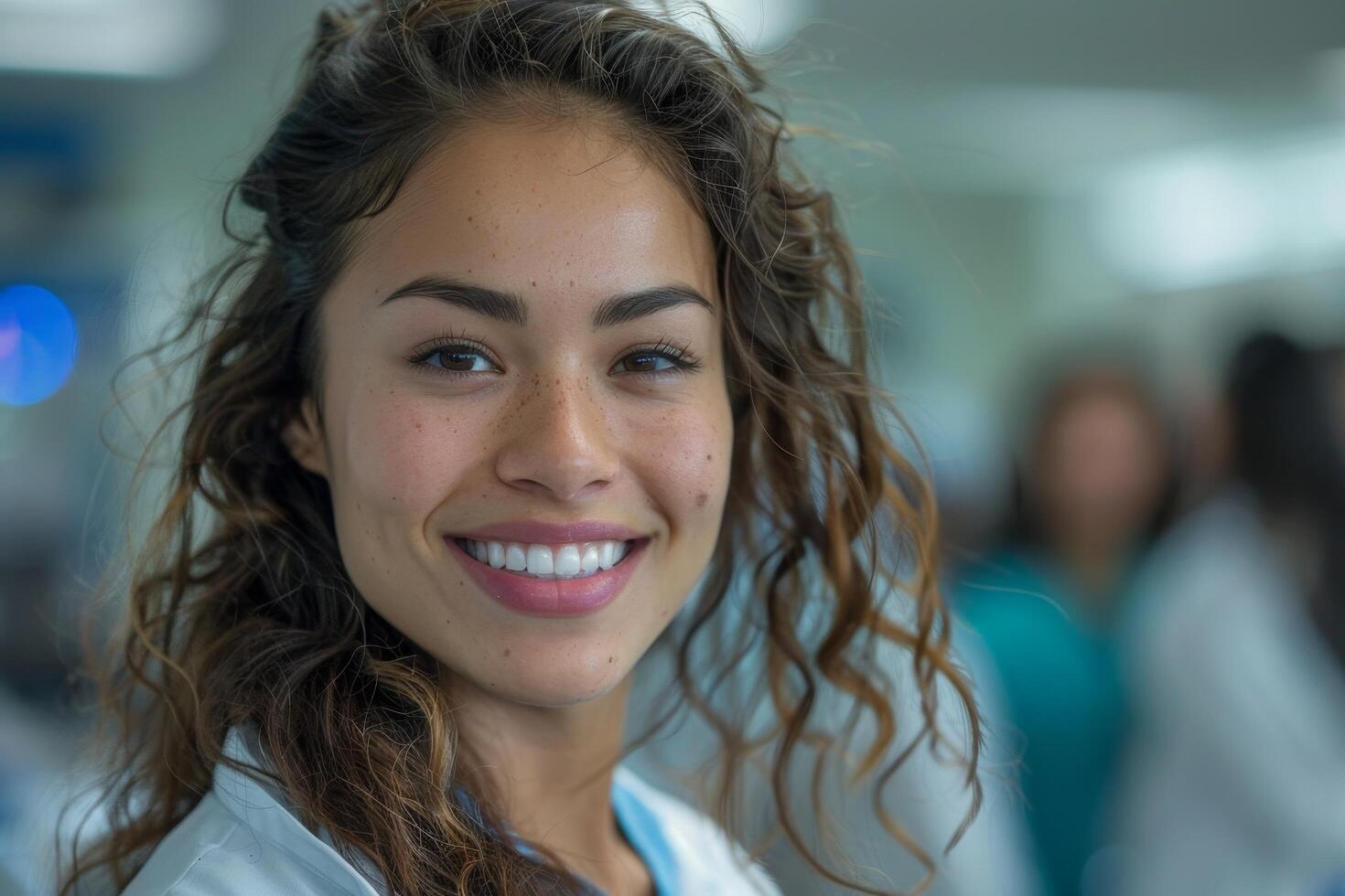 Smiling, friendly female doctor or nurse with a diverse team in background at a hospital. photo
