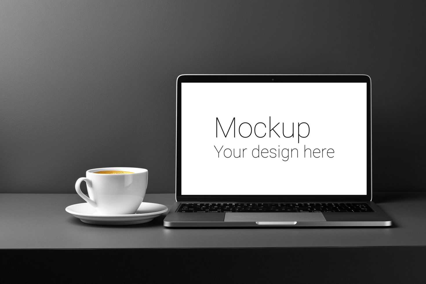 Mockup of laptop on table next to cup of coffee psd
