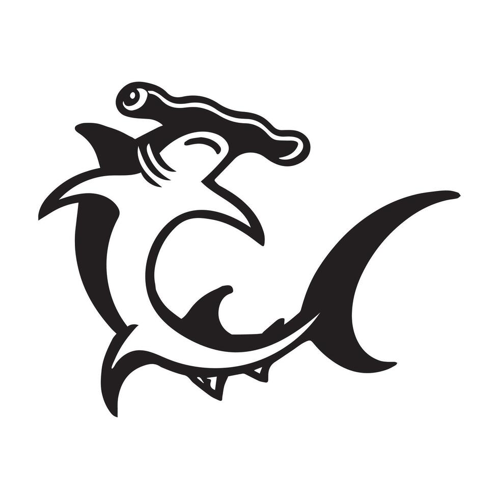 Hammerhead Shark Clipart, Hammerhead Shark Fish Outline, Shark silhouette, Shark Fish illustration black and white vector
