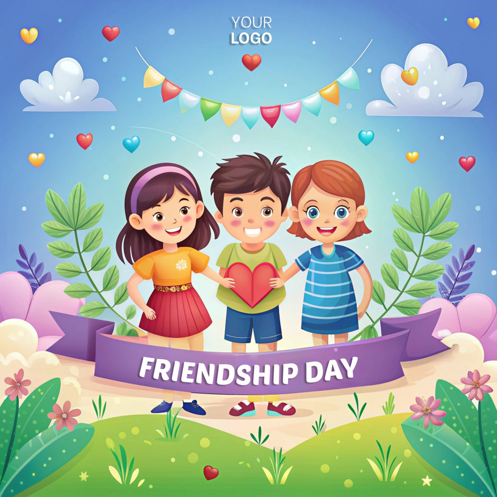 A colorful poster of three children holding a heart in their hands with the word psd