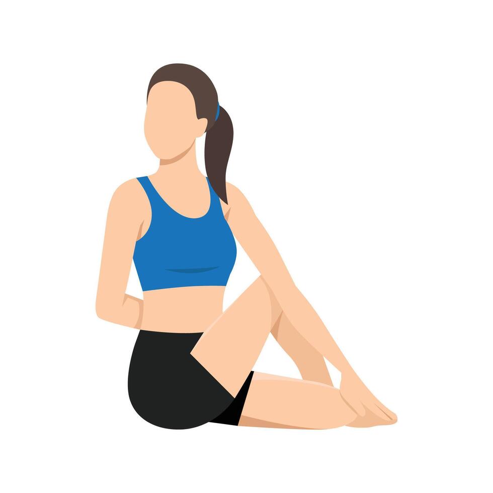 Woman doing Full Spinal Twist Pose, Seated Spinal Twist or Poorna Matsyendrasana. vector