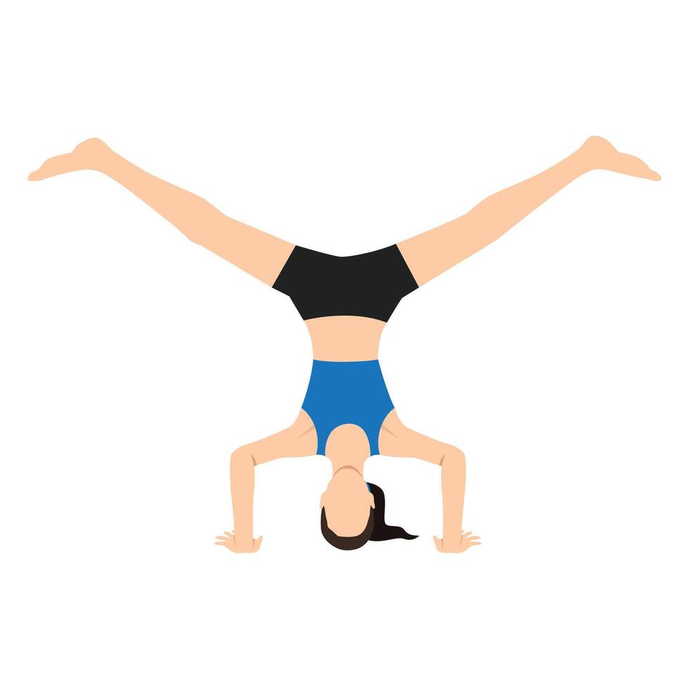Woman doing Tripod Headstand Pose Wide Legs or Sirsasana Ii Konasana. vector