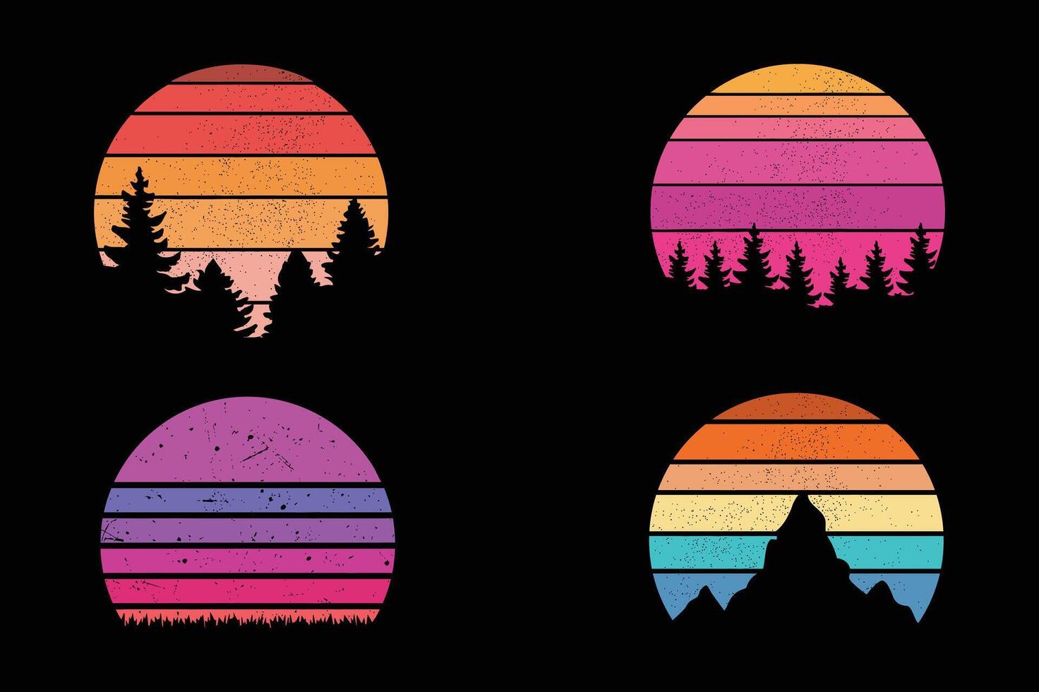 Striped circles with mountains and forest trees. vector