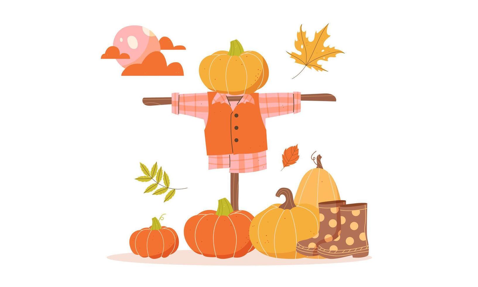 Autumn background with pumpkins and scarecrow vector