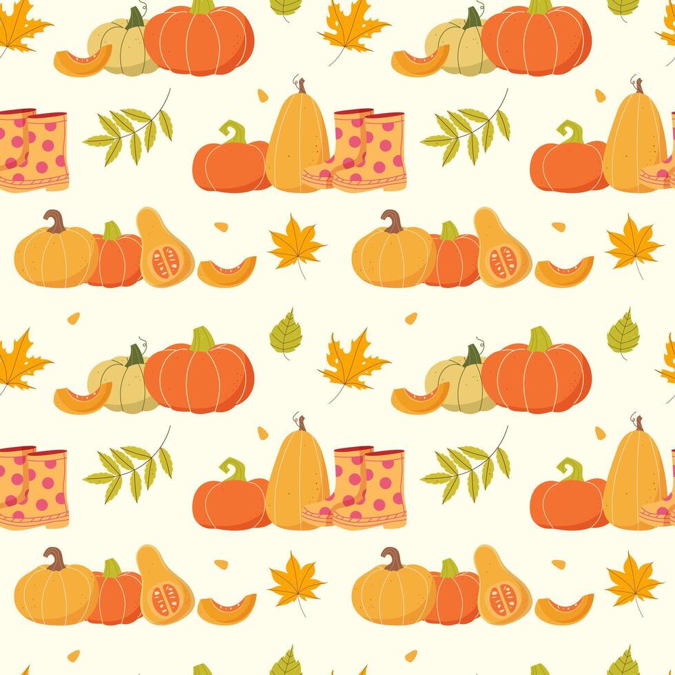 Autumn background with pumpkins and leaves vector