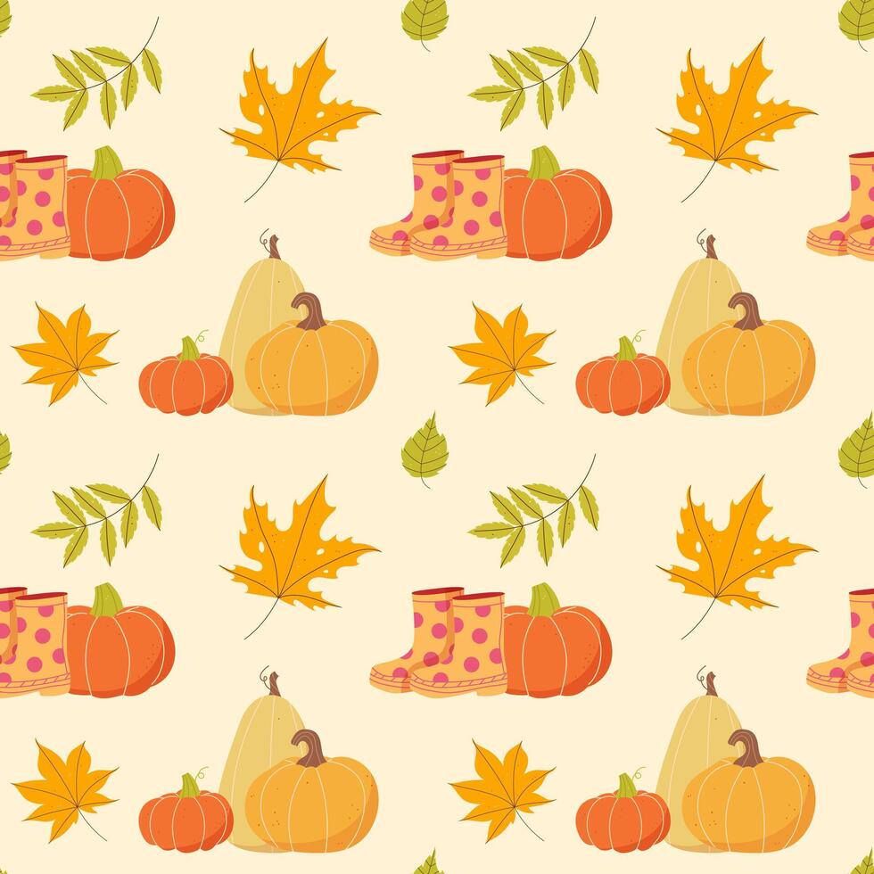 Autumn seamless pattern with pumpkins and leaves vector