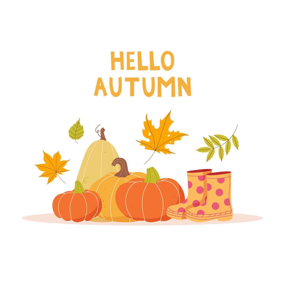 Cute autumn background with pumpkins, leaves vector