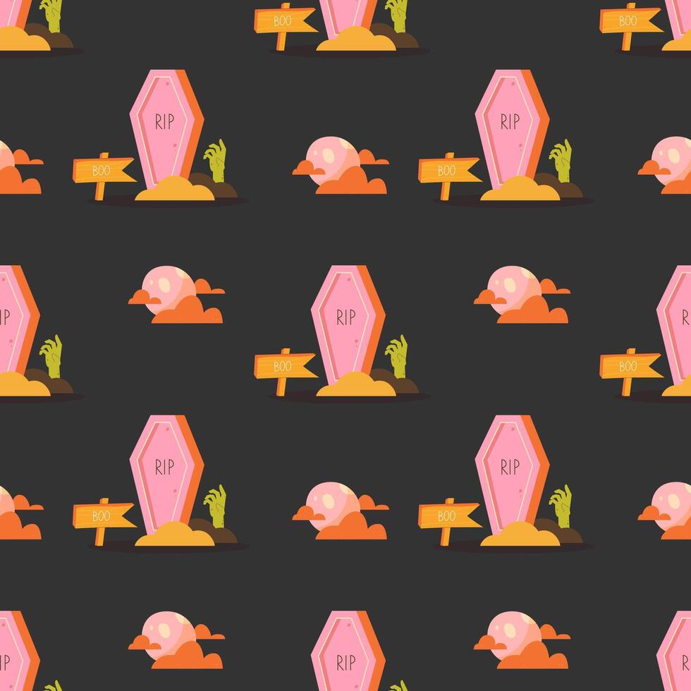 Graveyard on Halloween seamless pattern on dark background vector