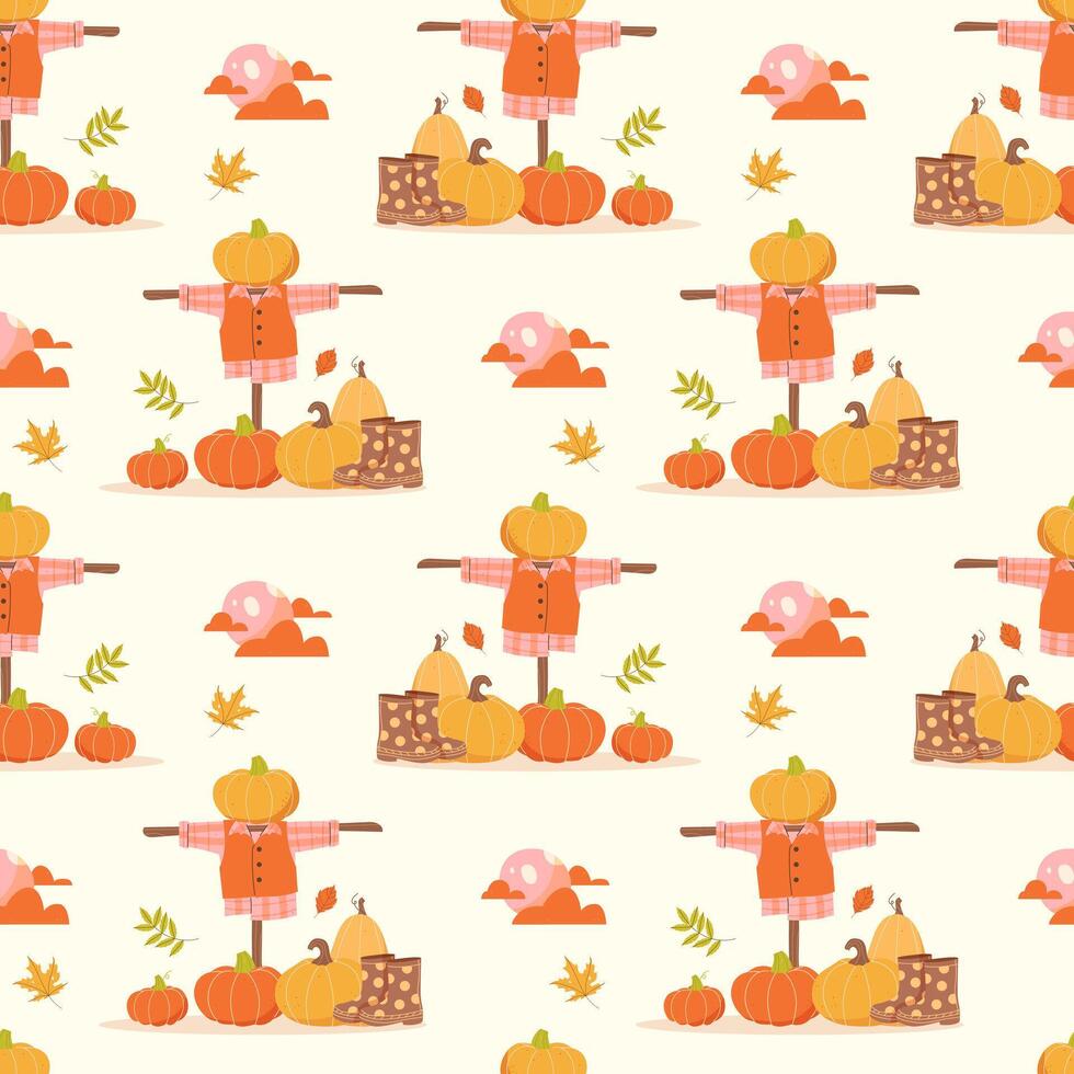 Autumn seamless pattern with pumpkins and scarecrow vector