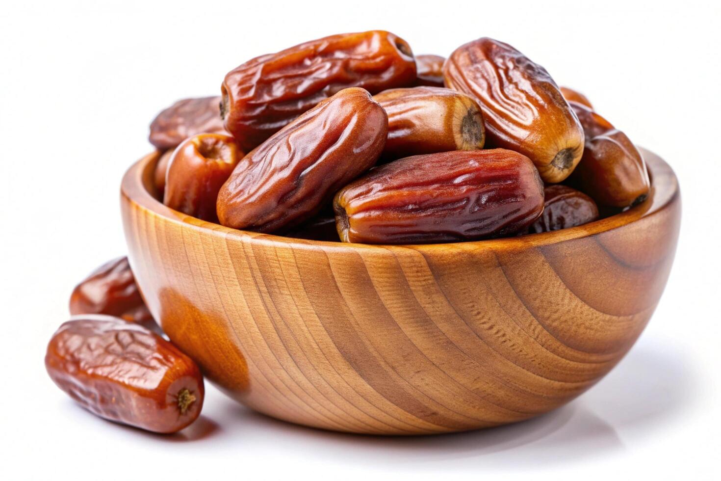 Dates in wood bowl isolated on white background photo