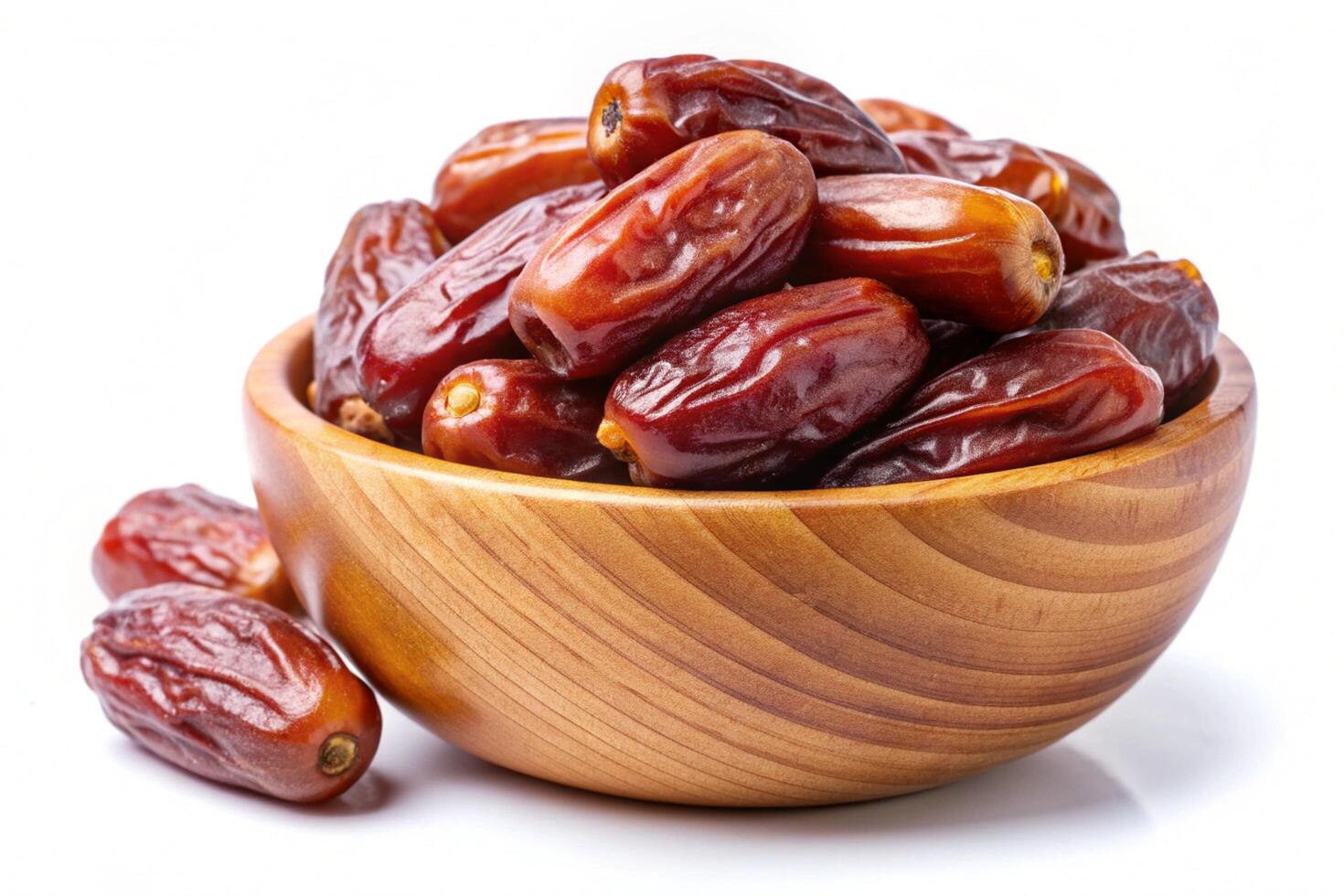 Dates in wood bowl isolated on white background photo