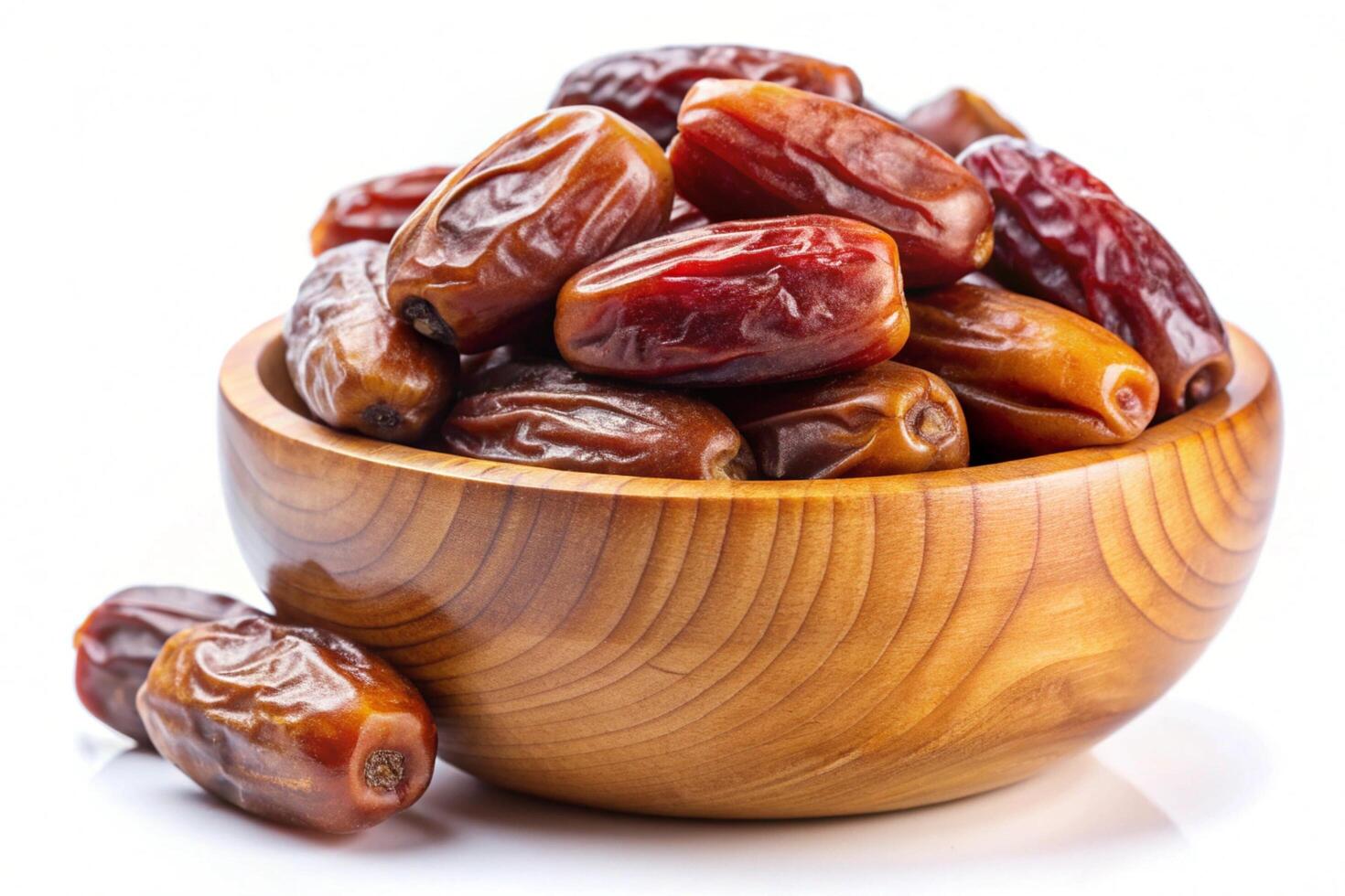 Dates in wood bowl isolated on white background photo