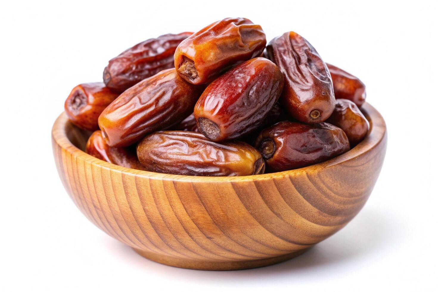 Dates in wood bowl isolated on white background photo
