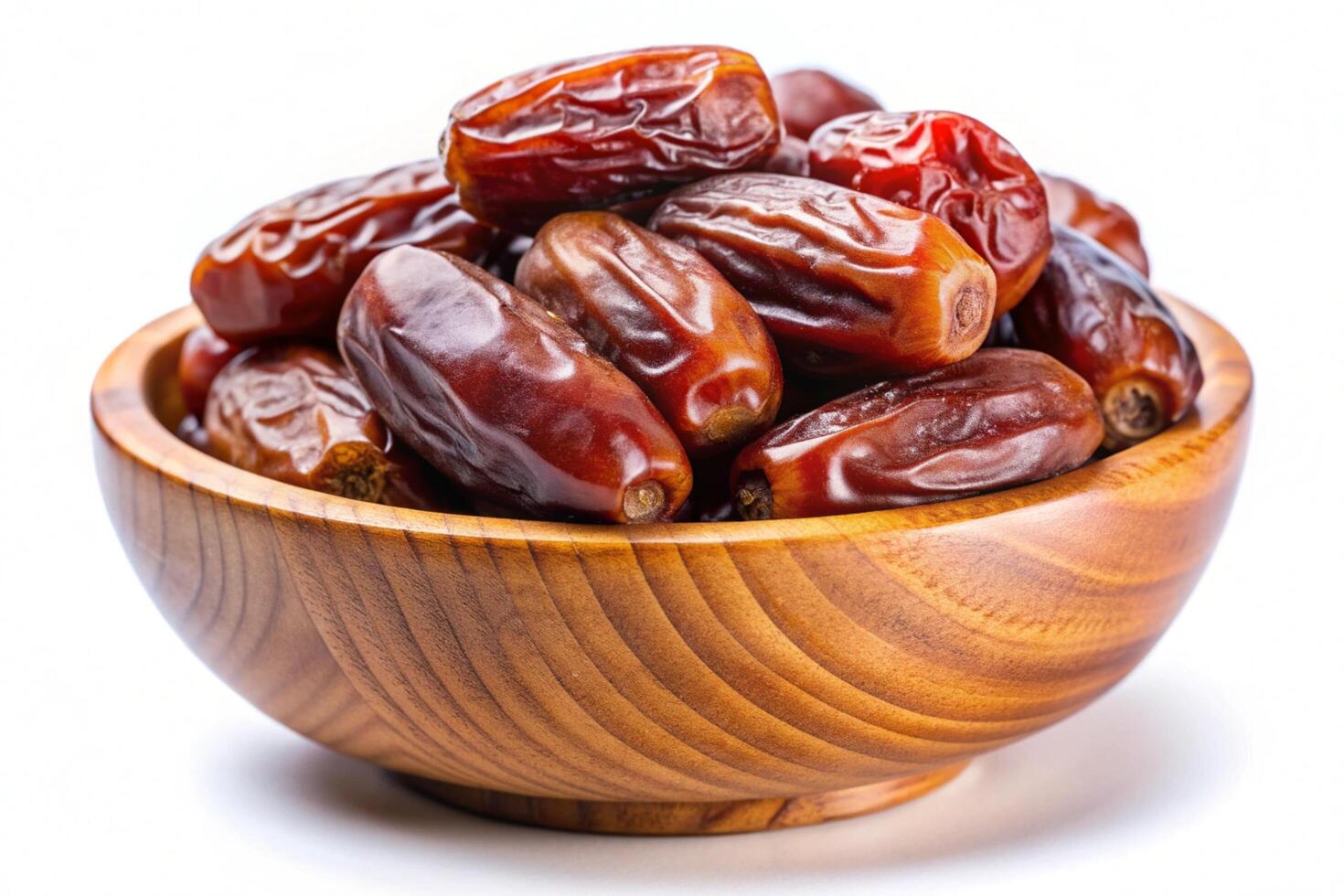 Dates in wood bowl isolated on white background photo