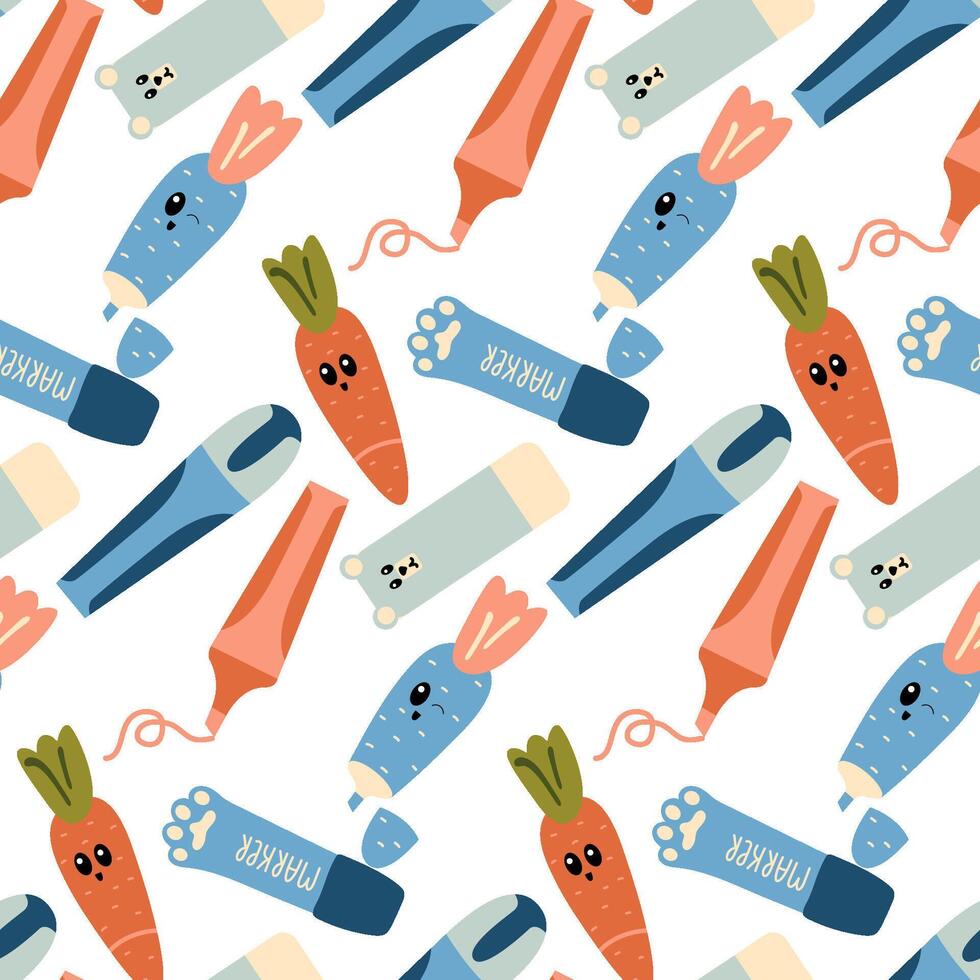 Seamless Background with Carrot, Bear, and Cat's Paw Shaped Stationery Markers vector