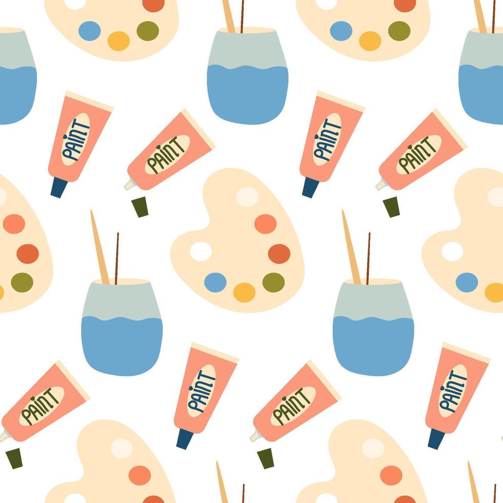 Seamless Background with Paint Palettes, Water Cups, Brushes, and Tubes for Artistic Designs vector