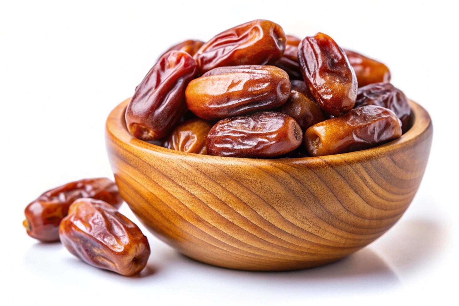 Dates in wood bowl isolated on white background photo