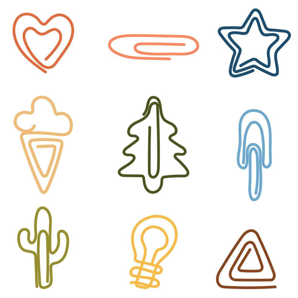 Set of Paper Clips in Fun Shapes Christmas Tree, Ice Cream, Star, Heart, Cactus, Light Bulb vector