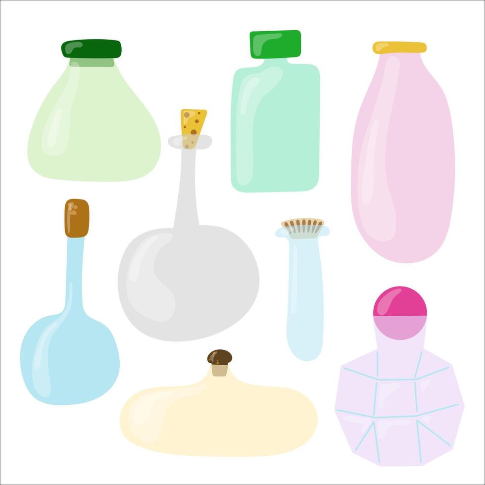 Set of Multi-Colored Glass Bottles with Corks, Clip Art for Stickers and Crafts vector