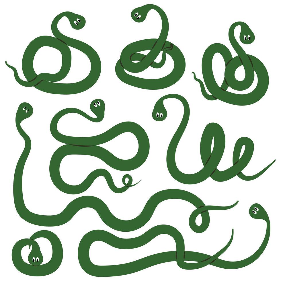 Cute Green Snakes on White. Symbol of 2025 Chinese Zodiac. Clip art, sticker set vector
