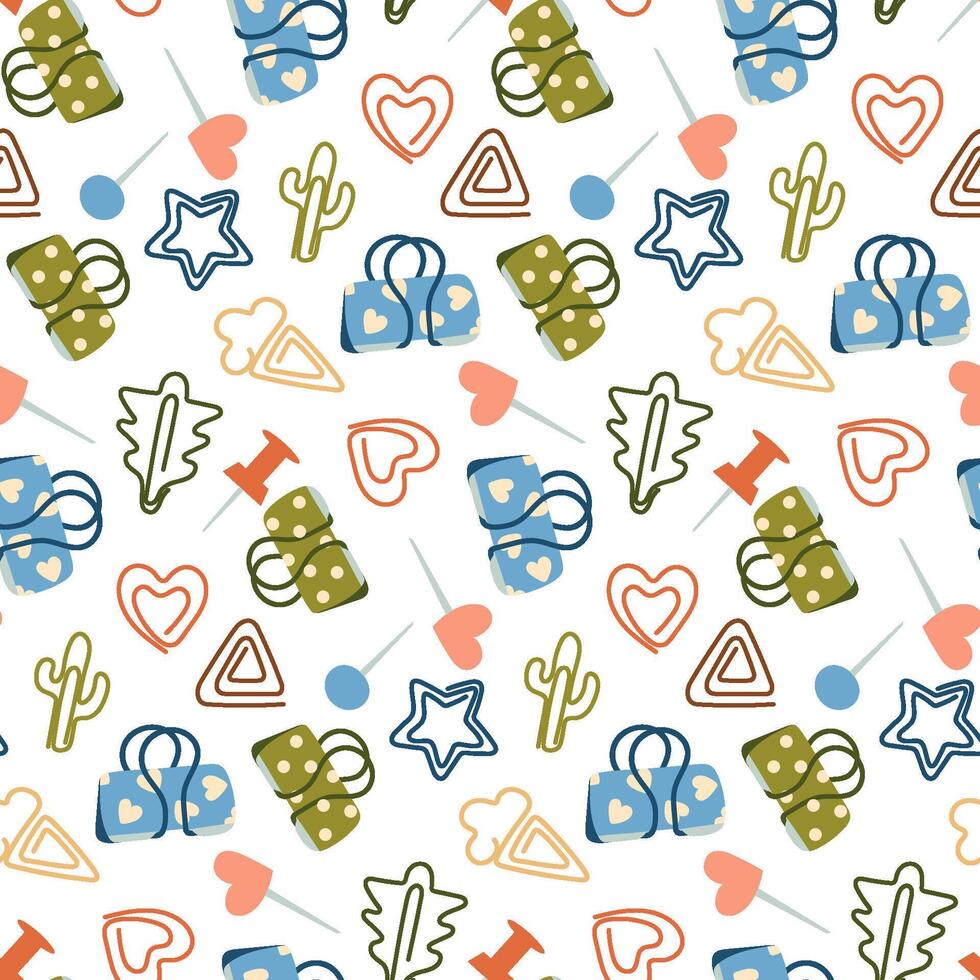 Seamless Background with Office Paper Clips, Binders, and Buttons for Creative Stationery Designs vector