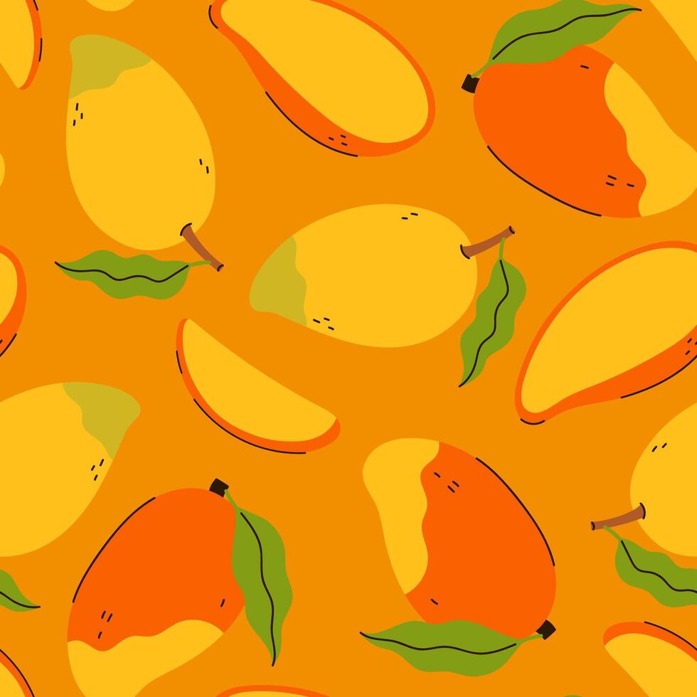 Seamless pattern with mango and pieces on a yellow background. graphics. vector