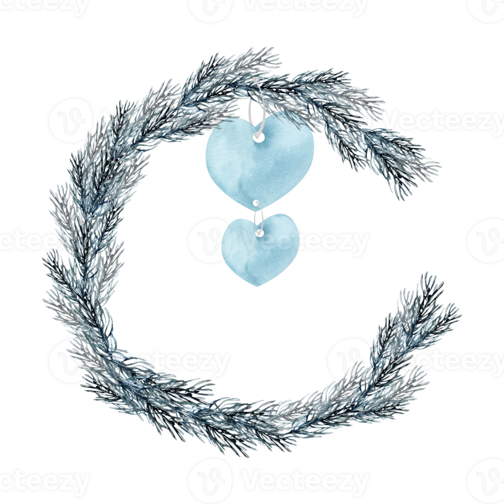 Winter Christmas wreath with pine branches and new year decorative heart shape toys watercolor illustration. Hand drawn new year party invitation, card template design. Botanical floral element png