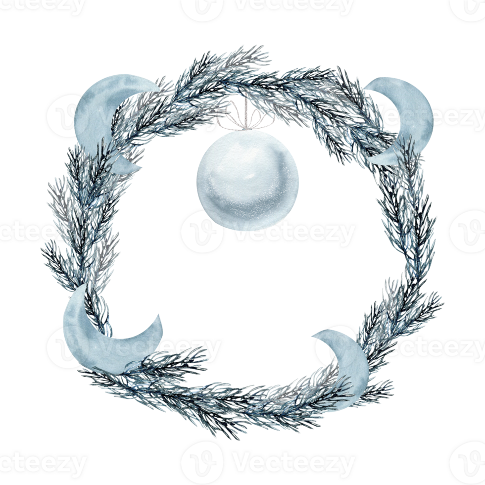 Christmas pine tree branches with moon and tree decoration ball in monochrome watercolor illustration. Hand drawn new year wreath, frame for card, invitation, gift packing design png