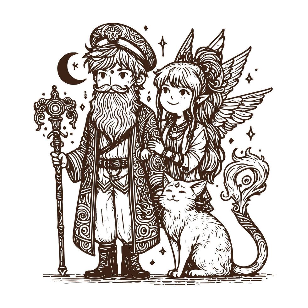 Vintage Fantasy Artwork with Wizard, Elf, and Enchanted Cat vector