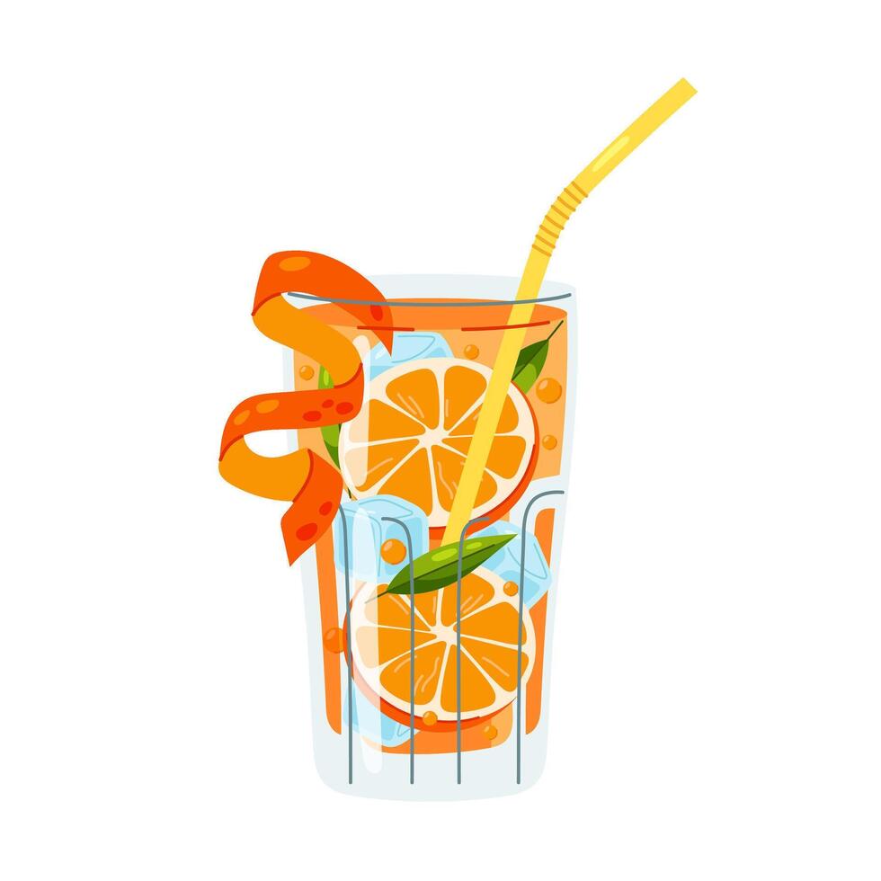 Orange lemonade with ice in a glass. Carbonated drink, lemonade, fruit drink, cold summer soft drink vector