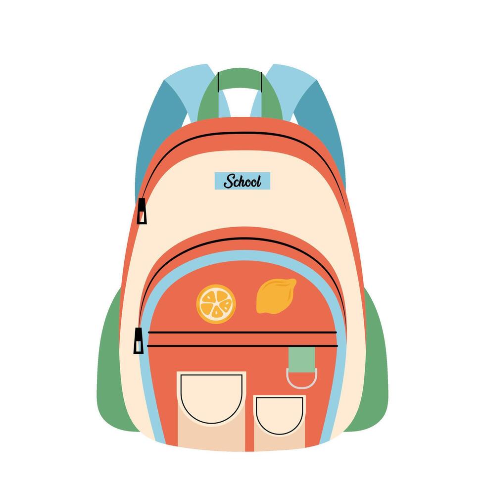 School bag. Kids backpack with lemon pins in flat style on white background. vector