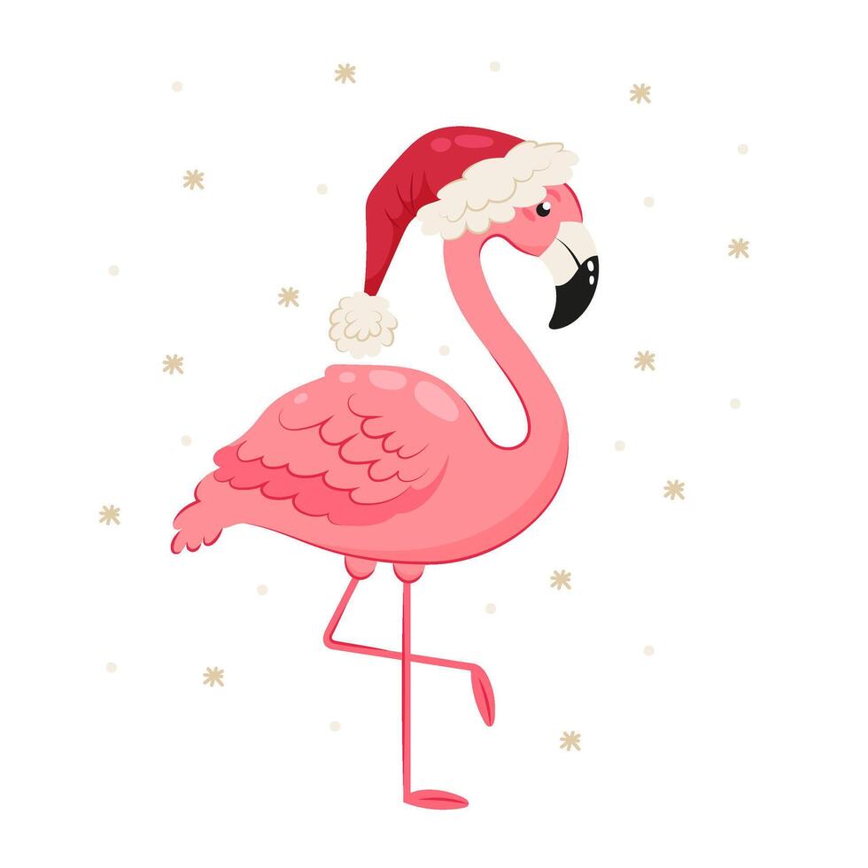 Pink funny flamingo in Santa hat. Flat style Christmas character. Summer Christmas. Tropical bird. vector