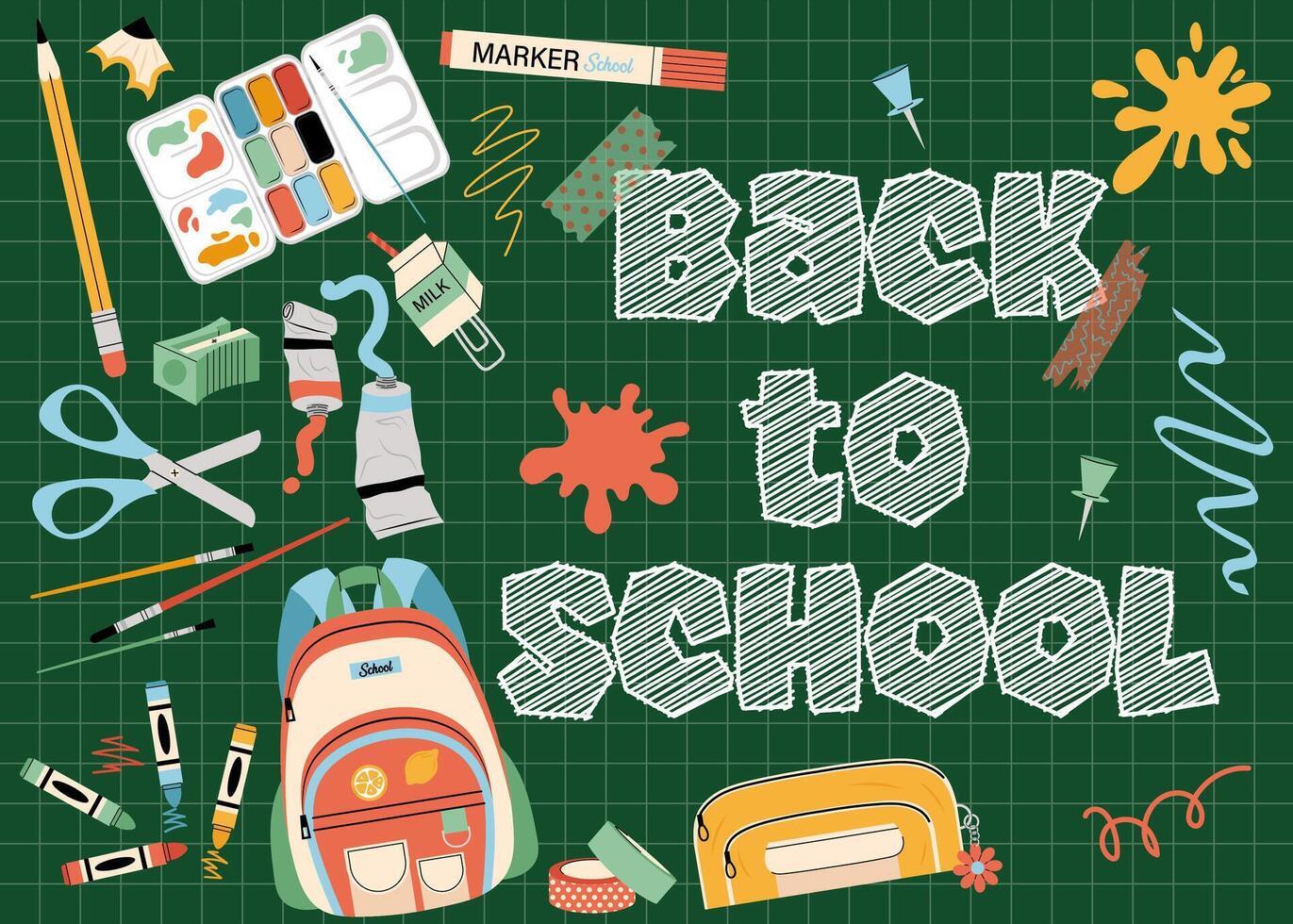 Back to school. Kids background with different school items. School stationery, lettering. Illustration in flat style. vector