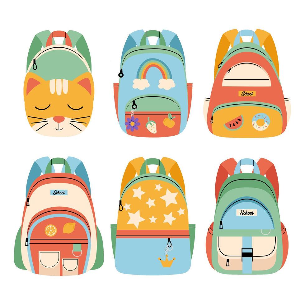 School bag set. Children's backpack with different fruit pins in flat style on a white background. Bag for hiking, traveling. Stylish accessory. vector