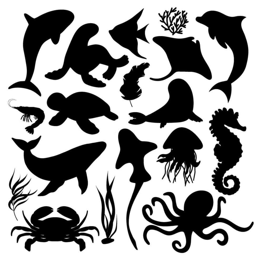 Marine Animals. Set illustrations of black and white silhouettes of sea creatures. Shark, whale, turtle, shrimp and others. vector