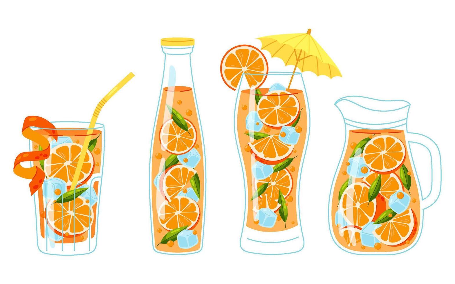 Orange lemonade in flat style. Set of summer cold drinks. Lemonade with ice in different glass containers. Cold drinks. vector
