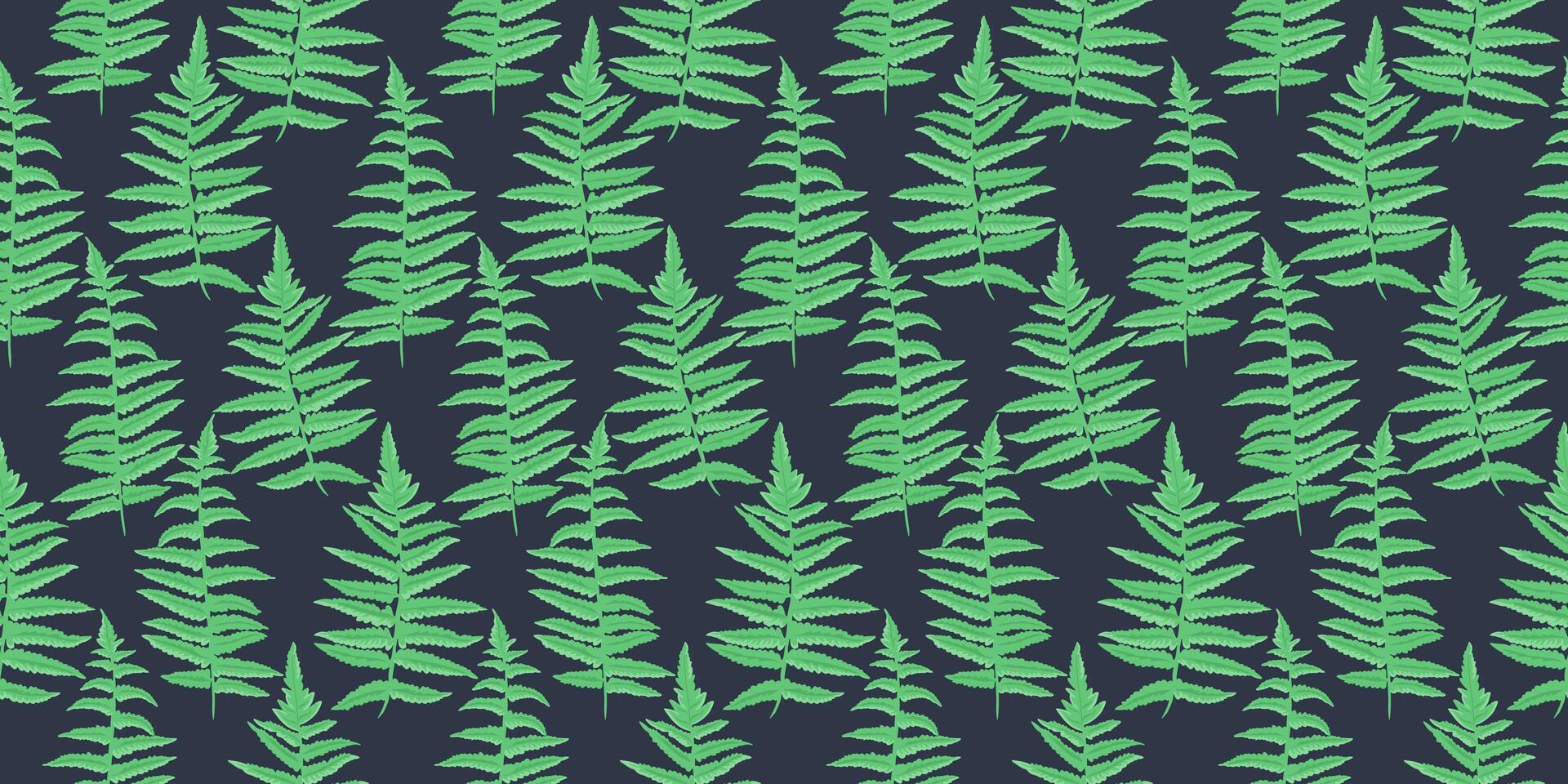 Abstract artistic branches leaves fern pattern on black background. Stylized green shapes leaf seamless print. hand drawing. Simple ornament for designs textile, vector