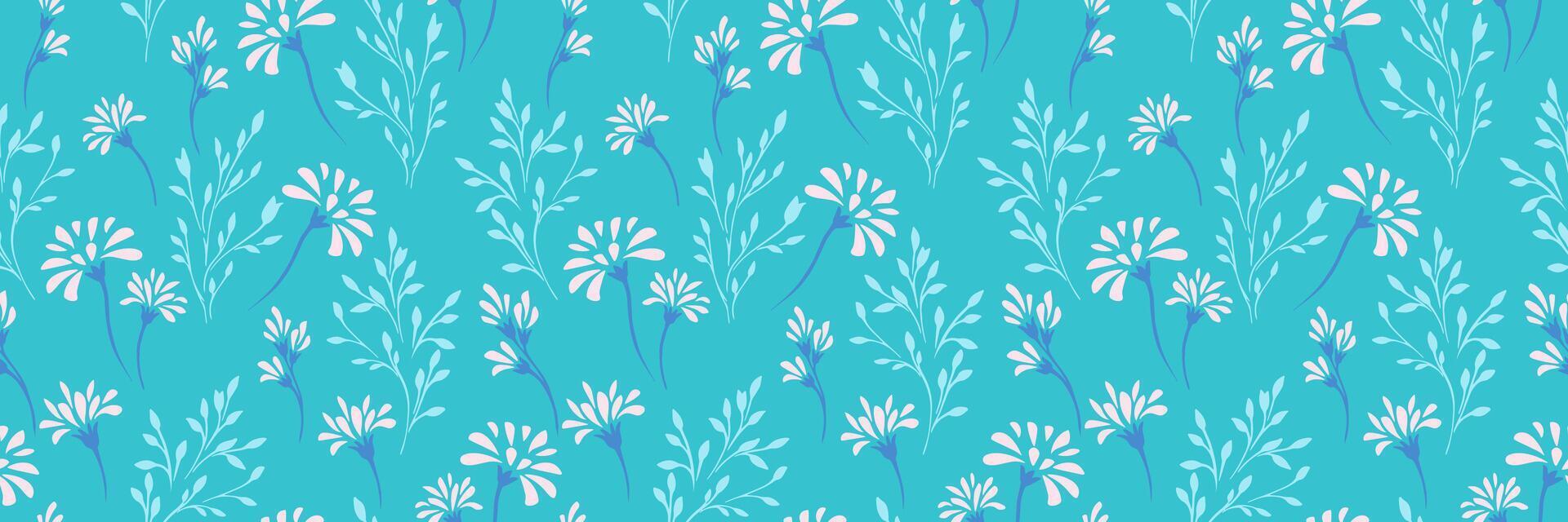 Colorful summer pattern with abstract tiny floral stems and small branches on blue background. hand drawing unique flowers. Simple ornament for designs, textile, cover, surface design, fabric vector