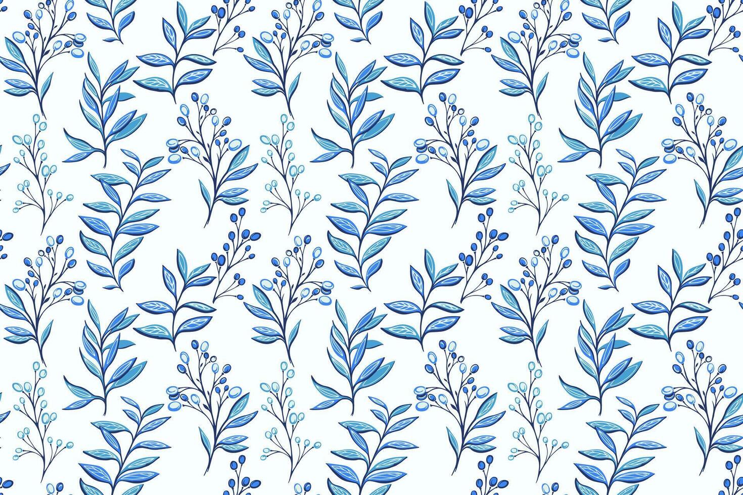 Abstract artistic shapes leaf stems, unique berries on branch. Creative blue botanical contemporary seamless print on a white background. hand drawing illustration. Designs for fabric vector