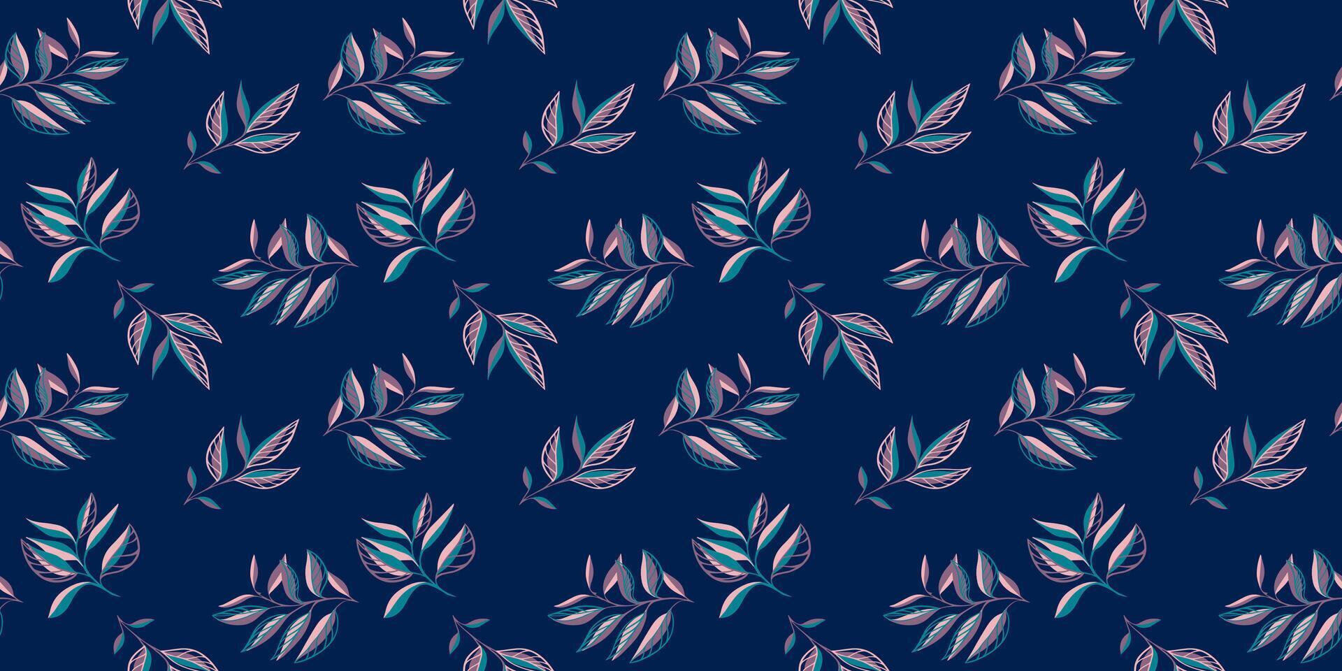 Tiny abstract shape branches leaves scattered randomly on a seamless pattern. Creative tropical botanical print on a dark turquoise background. hand drawing sketch. Design for fashion, fabric vector