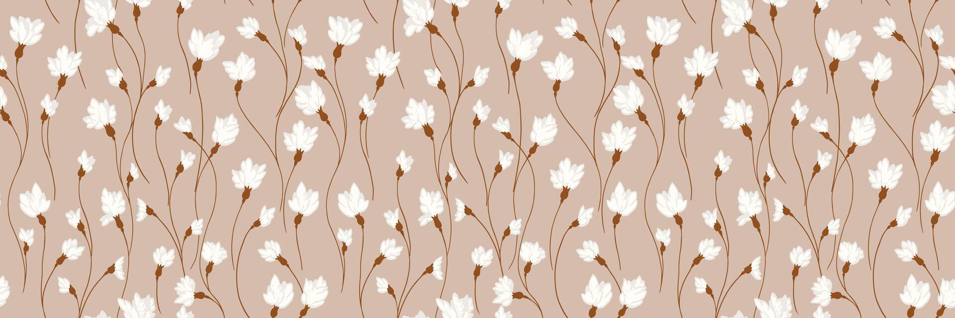 Beige pattern with creative florals stems. Abstract artistic branches with tiny flowers small buds intertwined in a seamless background. hand drawing. Simple ornament for designs, print vector