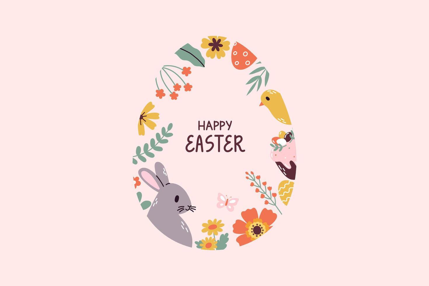 Happy Easter banner with rabbit, flowers, eggs, leaves. Greeting background. Flat illustration. vector