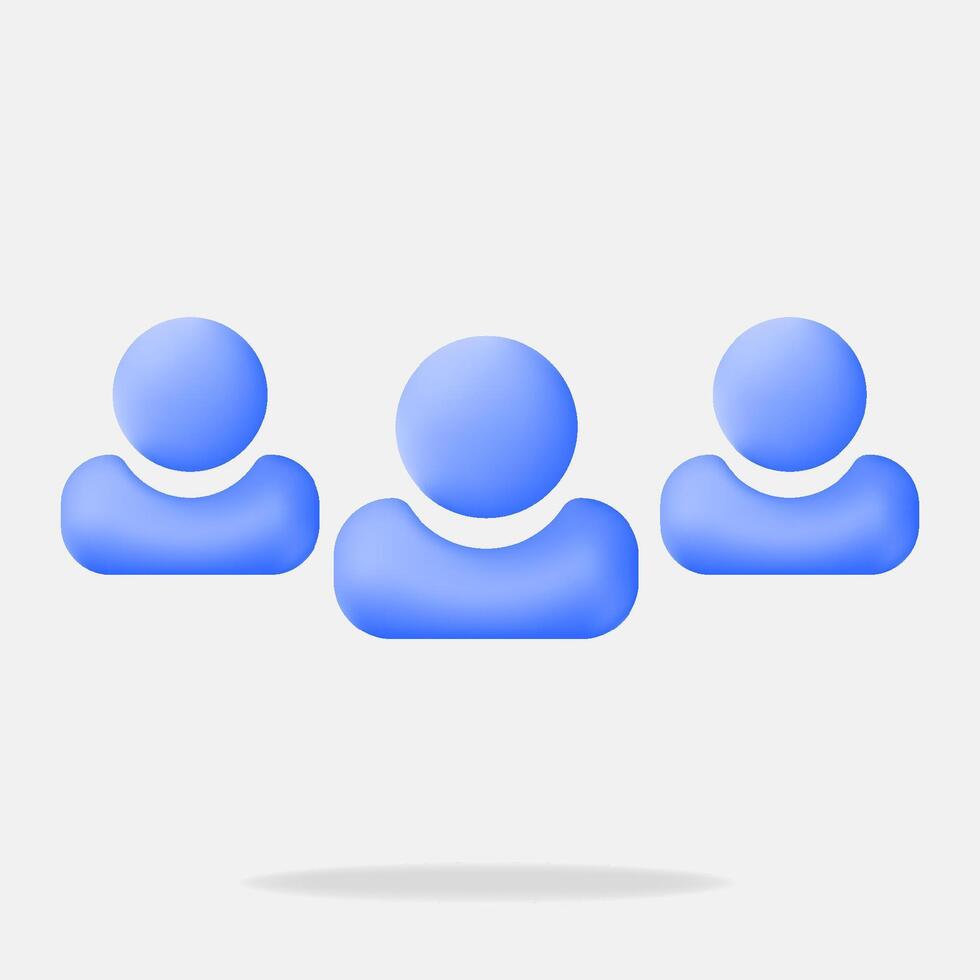 3D minimal icon of three blue user avatars. It represents community, teamwork, and social connections vector