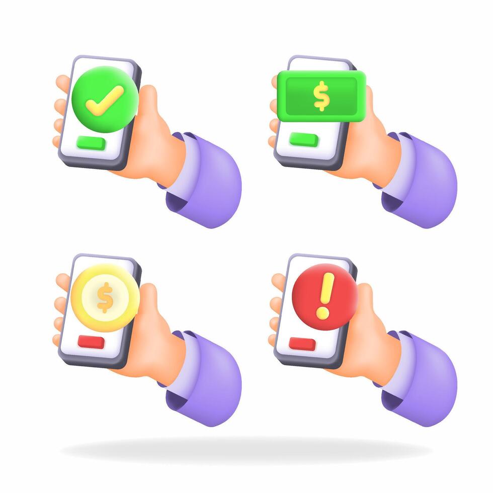 3d Illustration of hands holding smartphones with checkmarks, dollar , coin and alerts. Ideal for mobile app design, online payment solutions, and financial security content vector