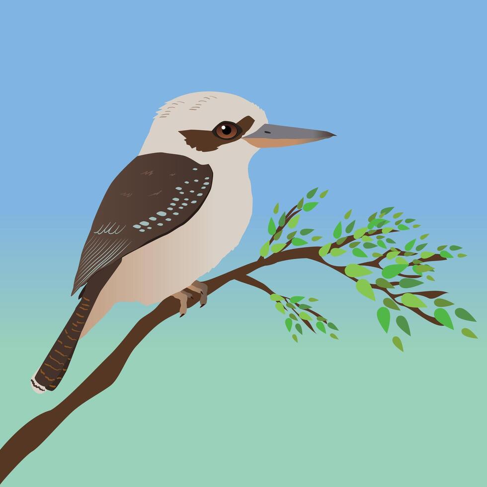 An illustration of a kookaburra. The bird is perched on a branch with some leafs. The background is a blue and green gradient. vector