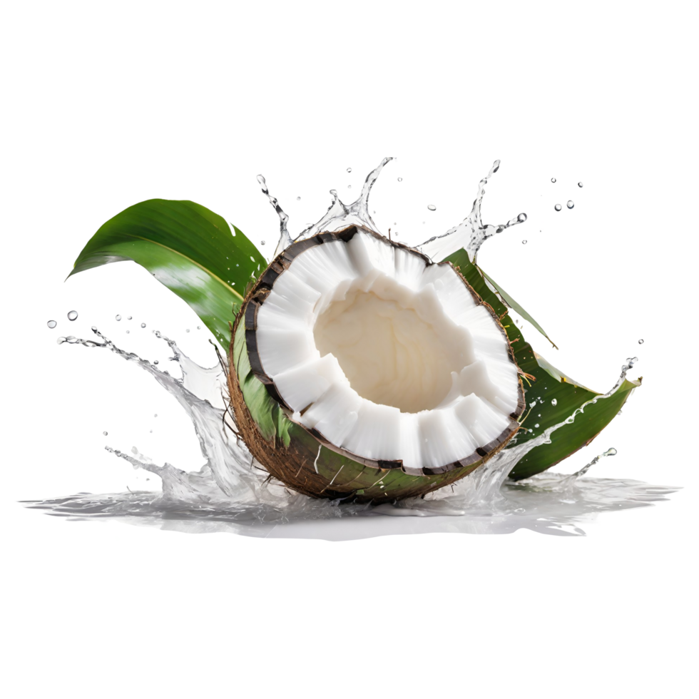 splash of coconut juice, Half open coconut with fresh white milk pouring from brown shell isolated on transparent background png